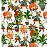 Digital Printed Fabric with Dog Lying on a Chair, Cat and Flower in a Pot